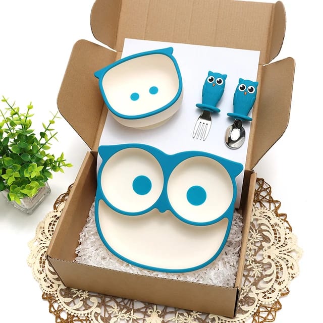 Buy 'Cartoon Owl' Suction Feeding Set Blue at Myneemoe Online In India
