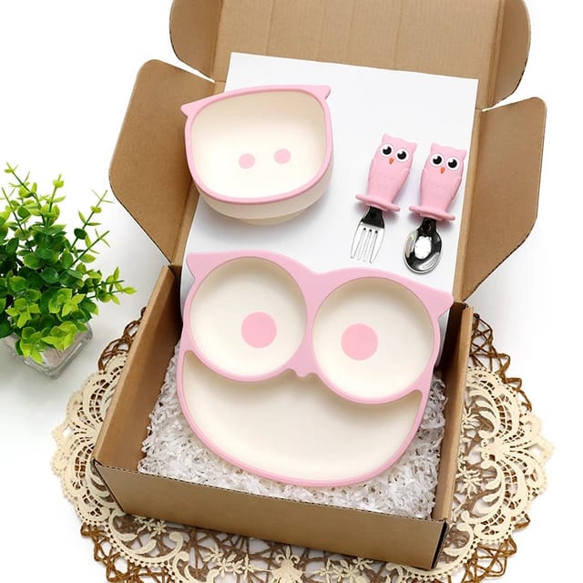 Buy 'Cartoon Owl' Suction Feeding Set Pink at Myneemoe Online In India