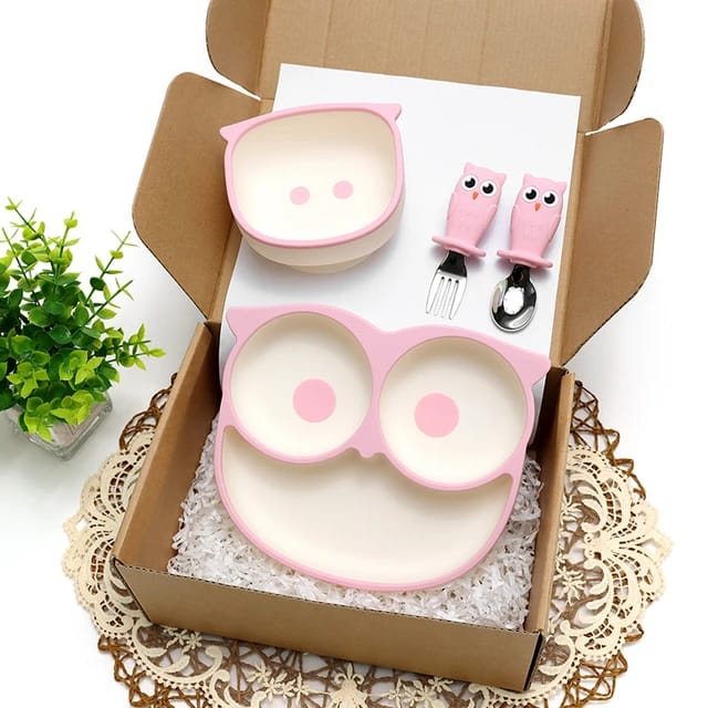 Buy MyneeMoe Cartoon Owl Suction Feeding Set - Customised Testing Pink - at MyneeMoe Online In India