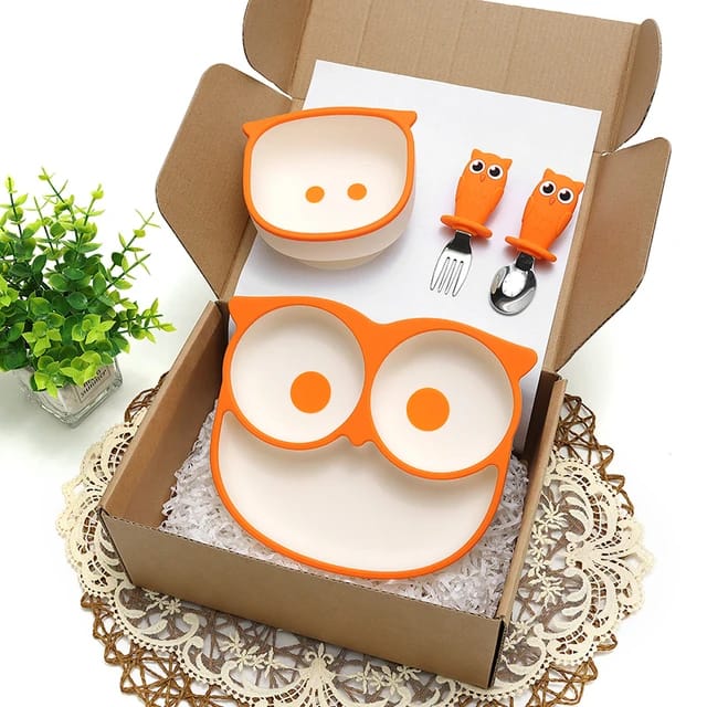 Buy 'Cartoon Owl' Suction Feeding Set Orange at Myneemoe Online In India