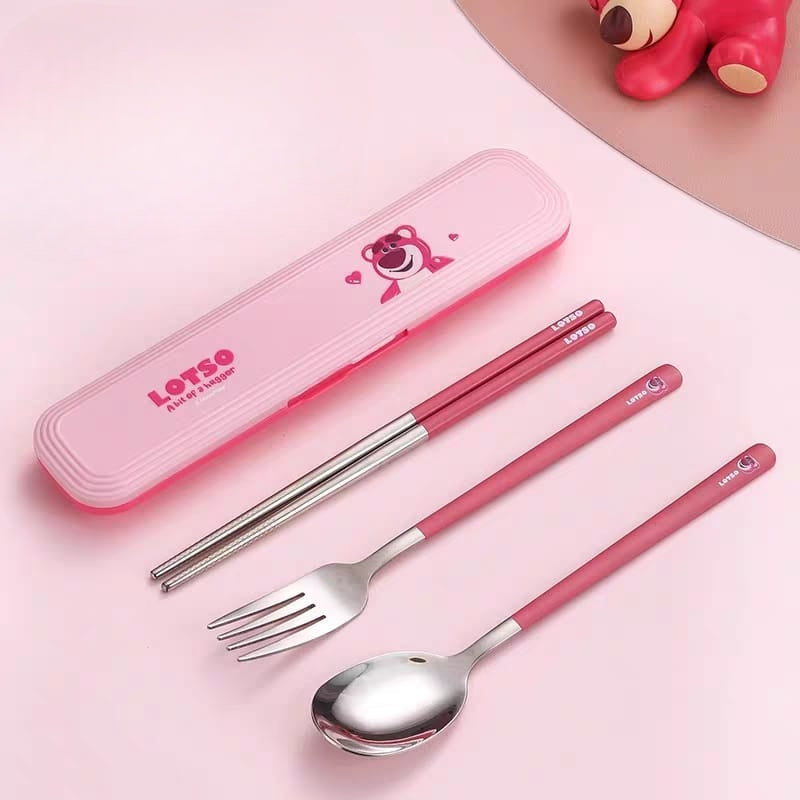 Buy Disney Latso & Mickey Theme Stainless Steel Cutlery Set – Spoon, Fork & Chopsticks Latso-Dark Pink at MyneeMoe Online In India