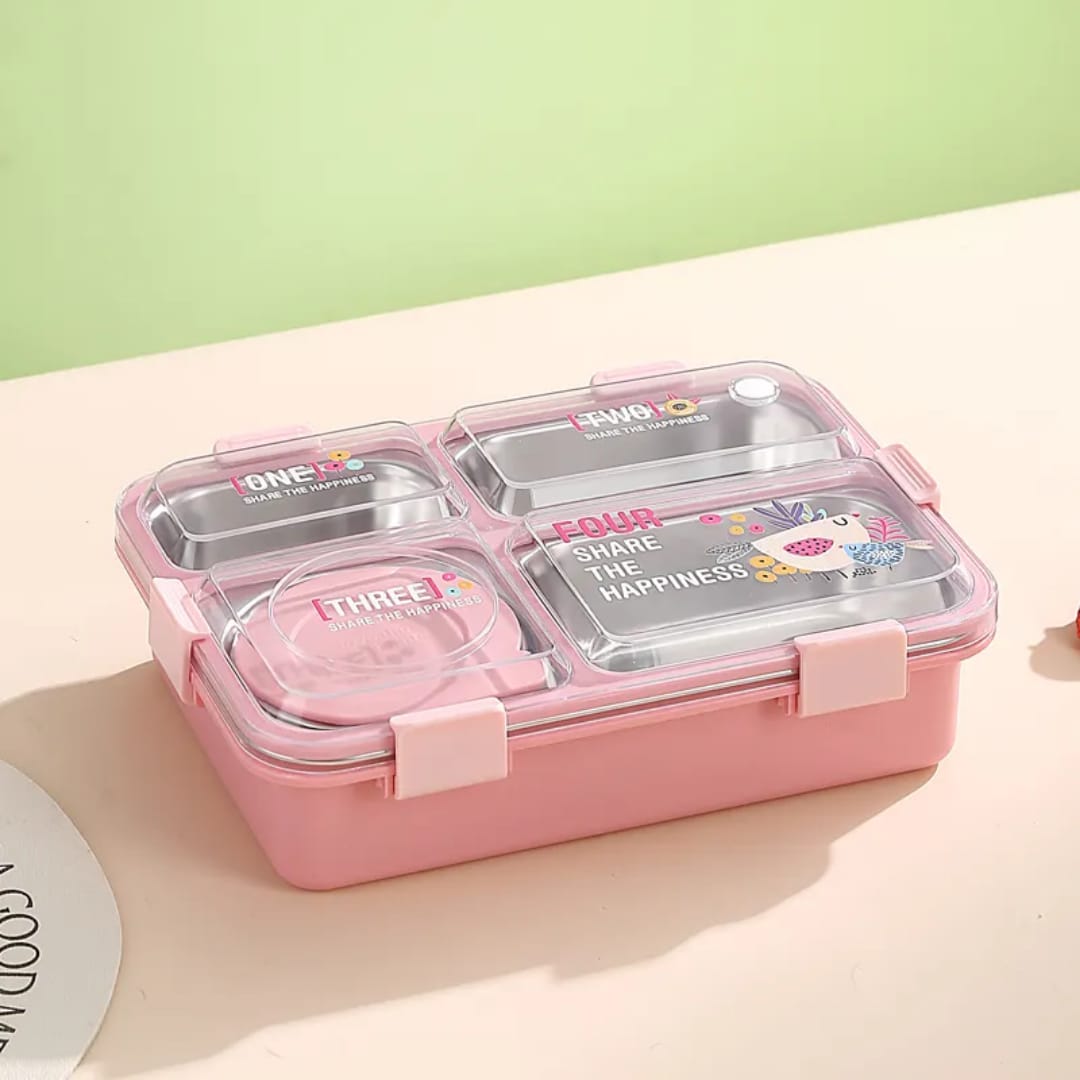 Buy MyneeMoe SmartMeal 4 Compartment Stainless Steel Lunch Box – Sturdy, Portable & Dibbie Included Pink - Bento Lunch Box at MyneeMoe Online In India