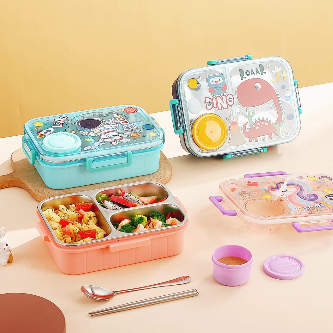 Buy MyneeMoe TiffyTales 3 Compartment Stainless Steel Bento Lunch Box With Cutlery - Lunch Box at MyneeMoe Online In India