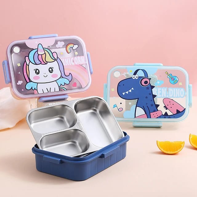 Buy Kids Character Stainless Steel Bento Lunch Box With 3 Compartments & Cutlery at MyneeMoe Online In India