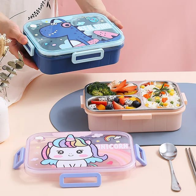 Buy Kids Character Stainless Steel Bento Lunch Box With 3 Compartments & Cutlery at MyneeMoe Online In India