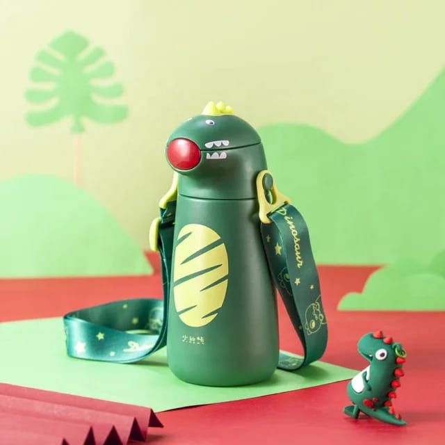 Buy Dino Insulated Kids Water Bottle – Vacuum Flask with Straw & Strap Green-Dino at MyneeMoe Online In India