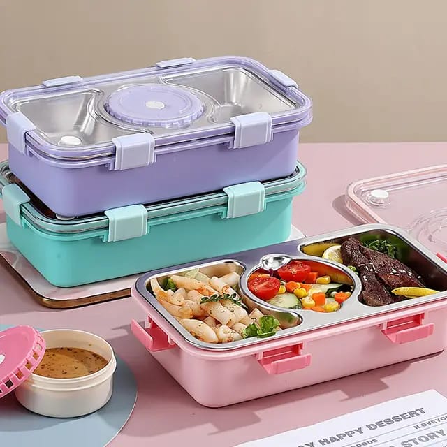 Buy Bento Buddy 3 Compartment Stainless Steel Lunch Box with Bowl- For Solid Food at MyneeMoe Online In India