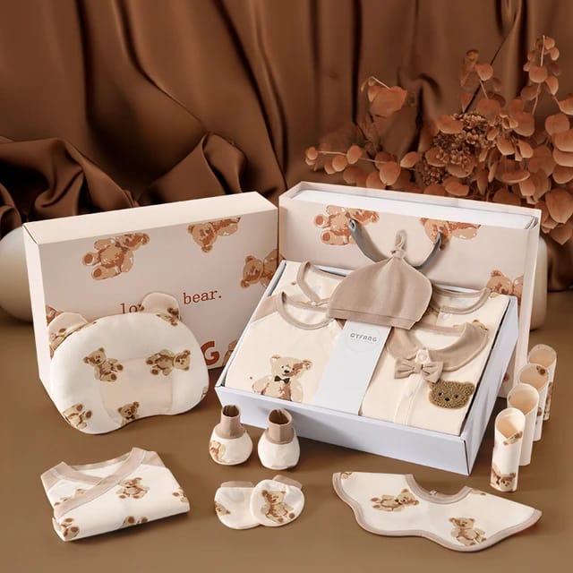 Love Bear 26 Piece Newborn Baby Gift Box Perfect Baby Shower Gift Set Tan Brown