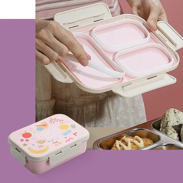 Buy DailyDine 3 Compartment Stainless Steel Lunch Box with Cutlery at MyneeMoe Online In India