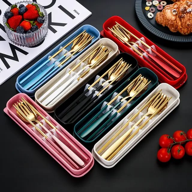 Buy Colorful Stainless Steel Cutlery Set of 3 - Spoon, Fork & Chopsticks Included at MyneeMoe Online In India