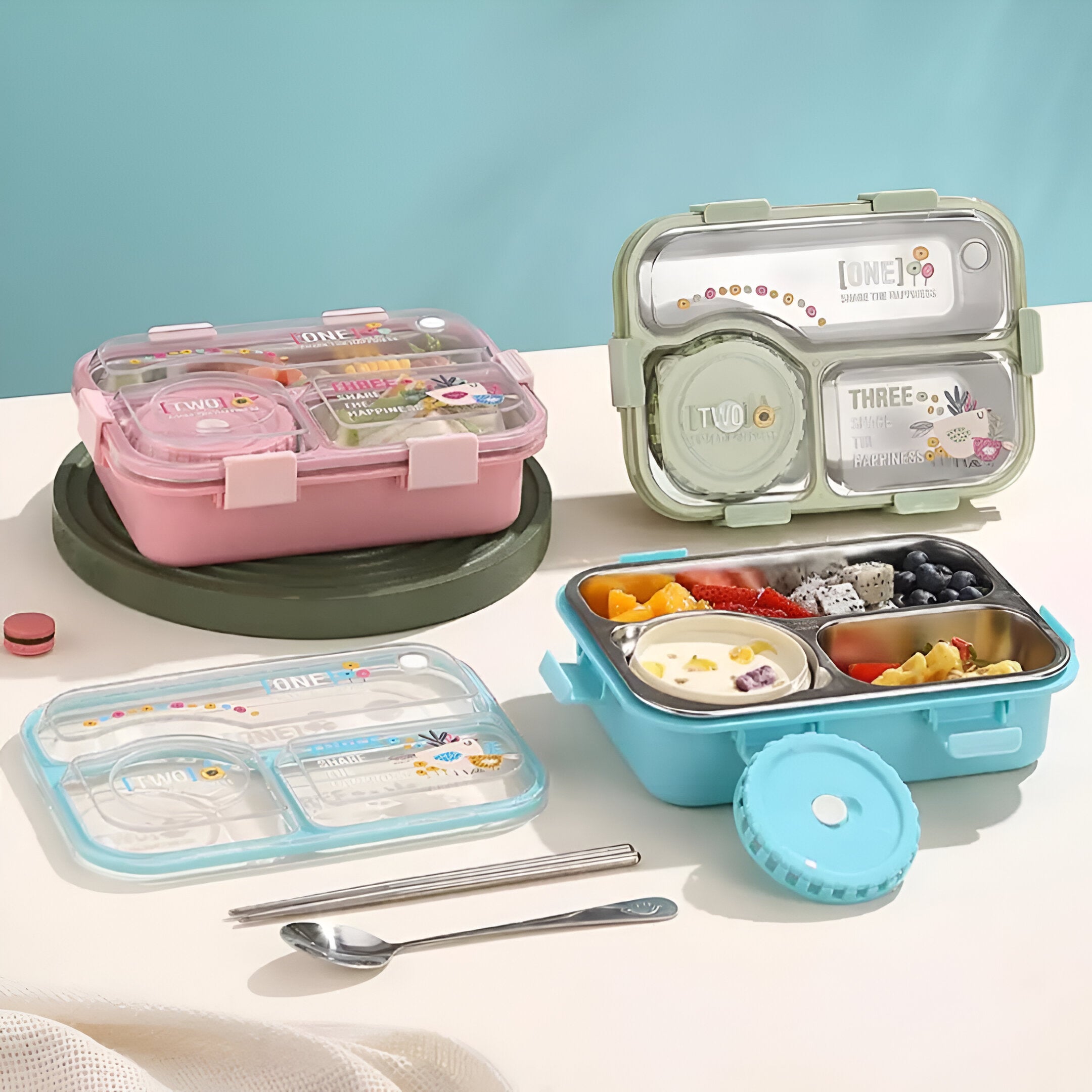 Buy MyneeMoe SmartMeal 3 Compartment Stainless Steel Bento Box – Durable, Portable & Dibbie Included - Lunch Box at MyneeMoe Online In India