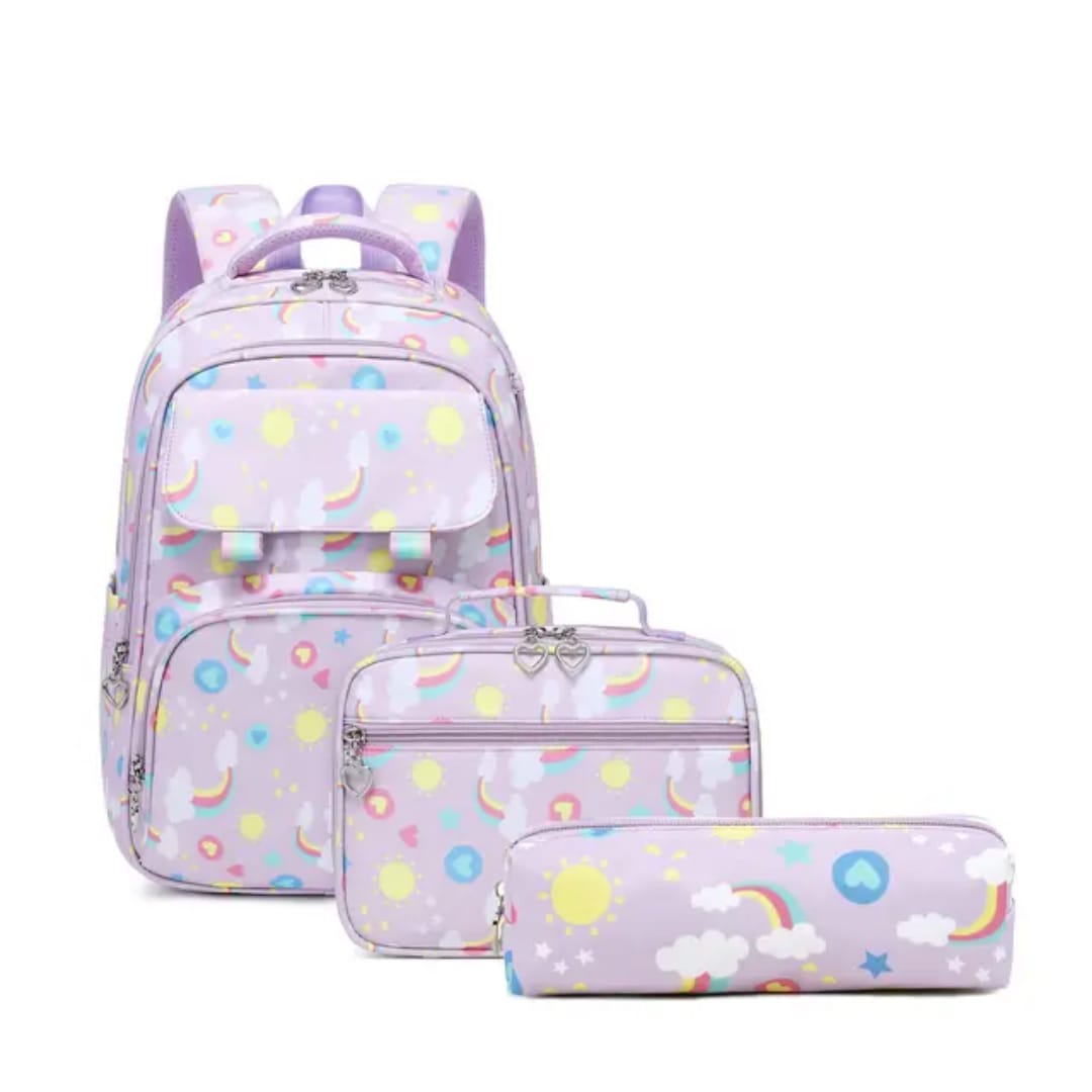 Buy MyneeMoe Magical Rainbow Waterproof School Bag Combo - Backpack, Lunch Bag & Pencil Case Lavender - Kids School Bag at MyneeMoe Online In India