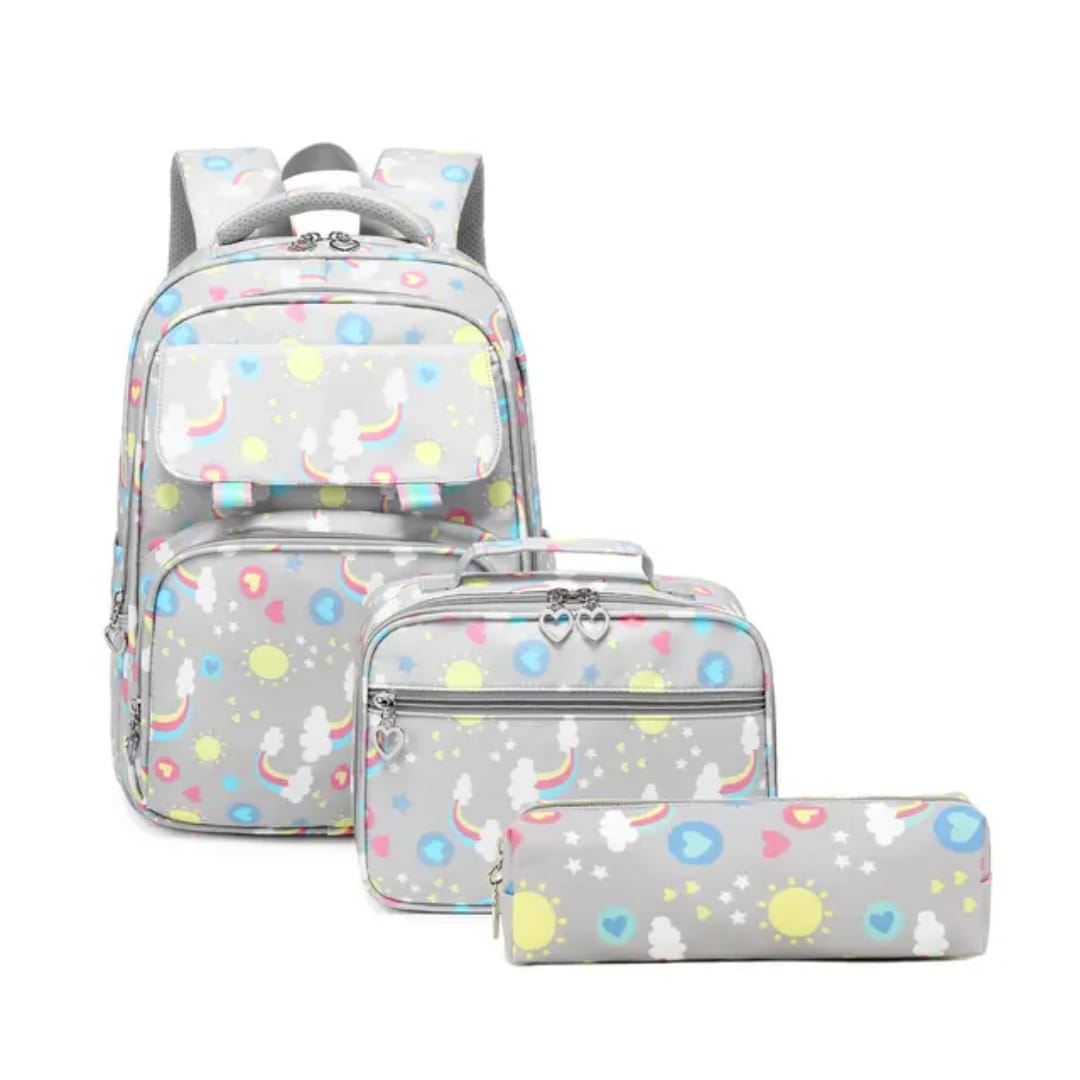 Buy MyneeMoe Magical Rainbow Waterproof School Bag Combo - Backpack, Lunch Bag & Pencil Case Light Grey - Kids School Bag at MyneeMoe Online In India
