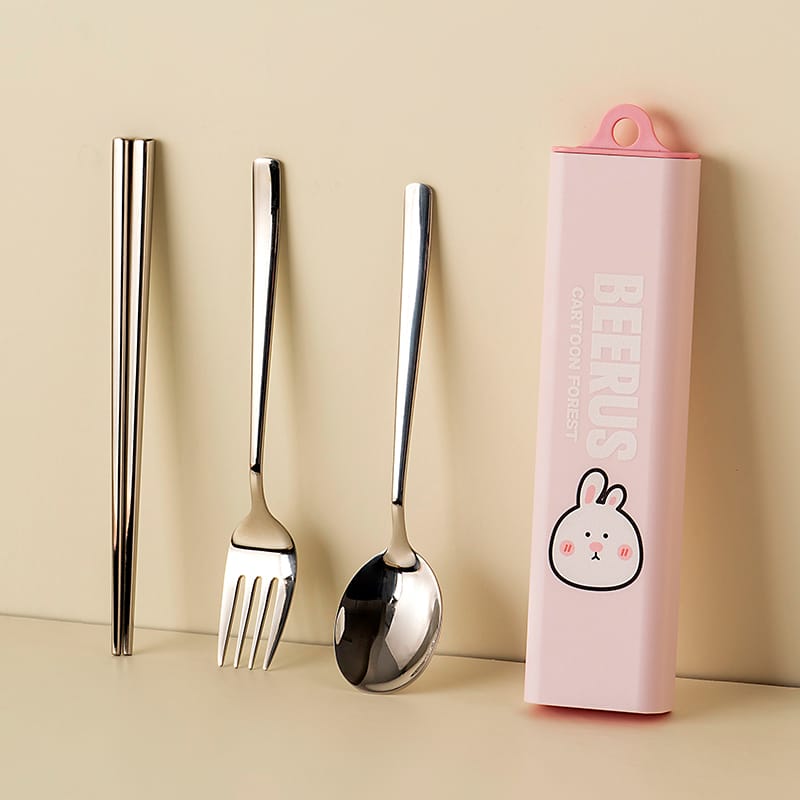 Buy MyneeMoe BEERUS Cartoon Forest 3-Piece Cutlery Set – Spoon, Fork & Chopsticks with Cute Case Bunny Pink - Cutlery Set at MyneeMoe Online In India