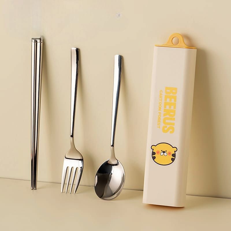 Buy MyneeMoe BEERUS Cartoon Forest 3-Piece Cutlery Set – Spoon, Fork & Chopsticks with Cute Case Tiger Yellow - Cutlery Set at MyneeMoe Online In India