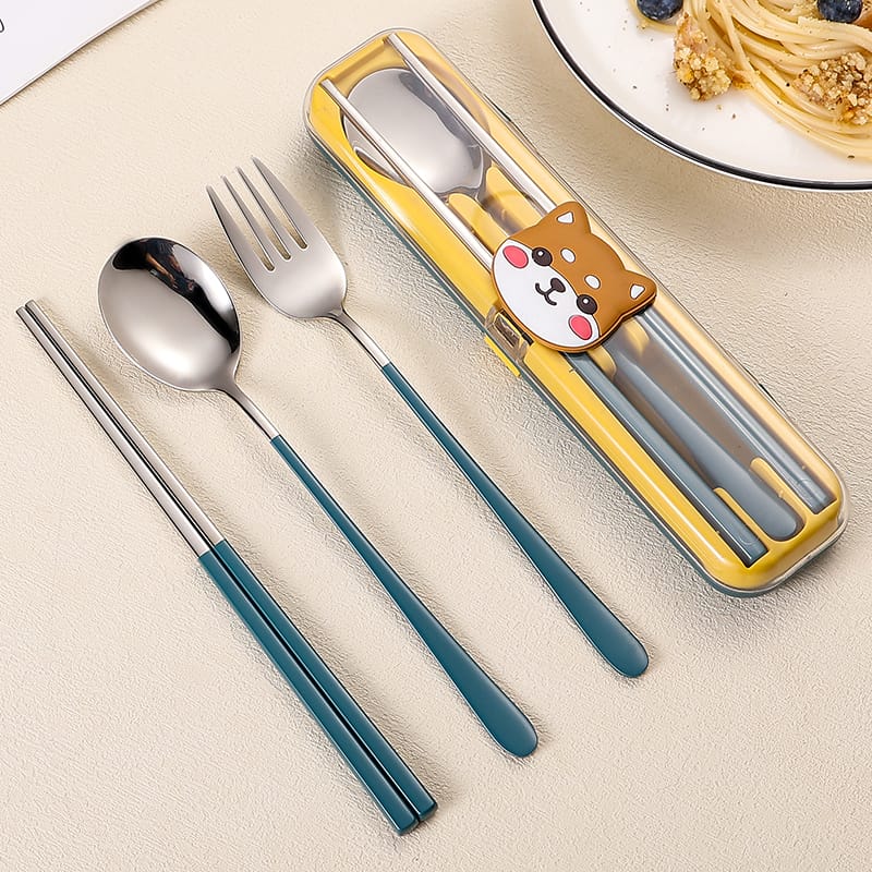 Buy MyneeMoe Chibi Bites Travel Cutlery Set – Spoon, Fork & Chopsticks in Cute Lock Box Slate Blue - Cutlery Set at MyneeMoe Online In India