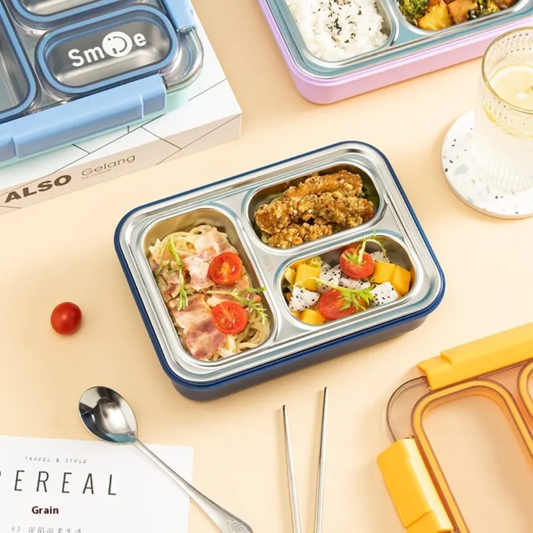 Buy MyneeMoe Toki Buffet 3 Compartment Stainless Steel Bento Box with Cutlery - Bento Lunch Box at MyneeMoe Online In India