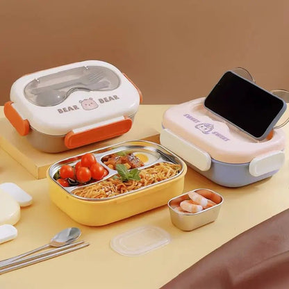 Buy Cute Cartoon 3-Compartment Stainless Steel Bento Lunch Box with Dibbie at MyneeMoe Online In India