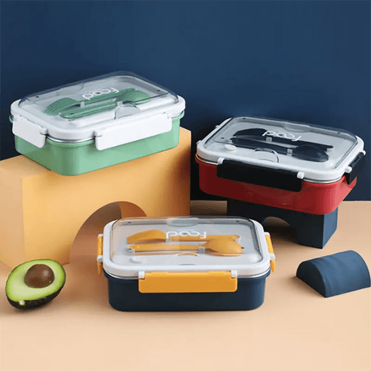 Buy 3 Compartment Sustainable Eco-Friendly Lunch Box for School, Office, Picnic With Independent Cutlery Box (Blue, Green, Rose Pink) at MyneeMoe Online In India