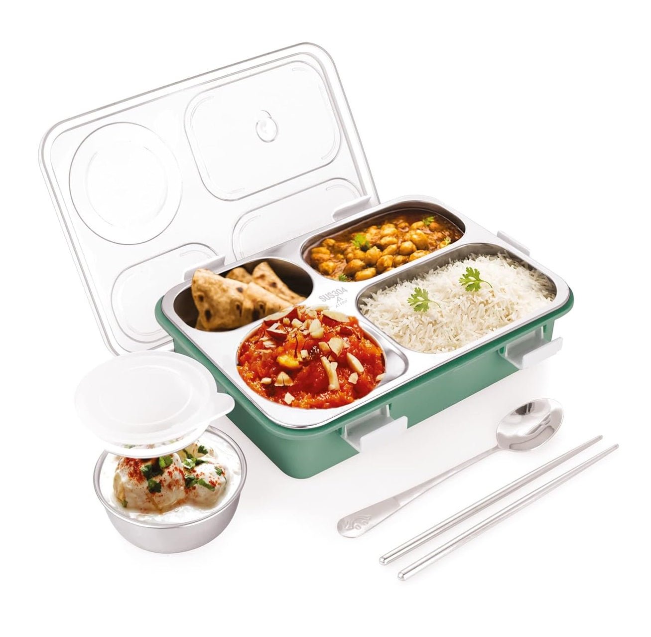 Buy 4 Compartment Stainless Steel Lunch Box With Dibbie Green at MyneeMoe Online In India