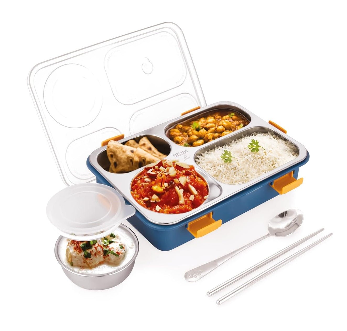 Buy 4 Compartment Stainless Steel Lunch Box With Dibbie Blue at MyneeMoe Online In India