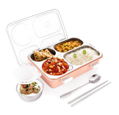 Buy 4 Compartment Stainless Steel Lunch Box With Dibbie Pink at MyneeMoe Online In India