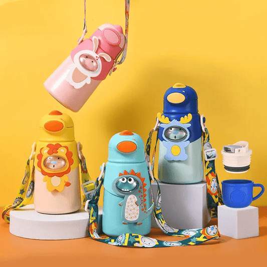 Buy Animal Theme Multifunctional Water Bottle with Lock Feature & Thermo Cup for Kids (500ml, 4 Colors Available) at Myneemoe Online In India