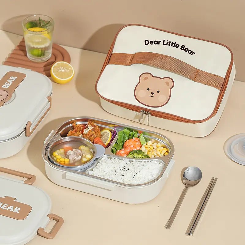 Big Size Stainless Steel Lunch Box /Tiffin with Insulated Matching Lunch Bag  for Kids and Adults, Cream Brown Bear - Little Surprise Box